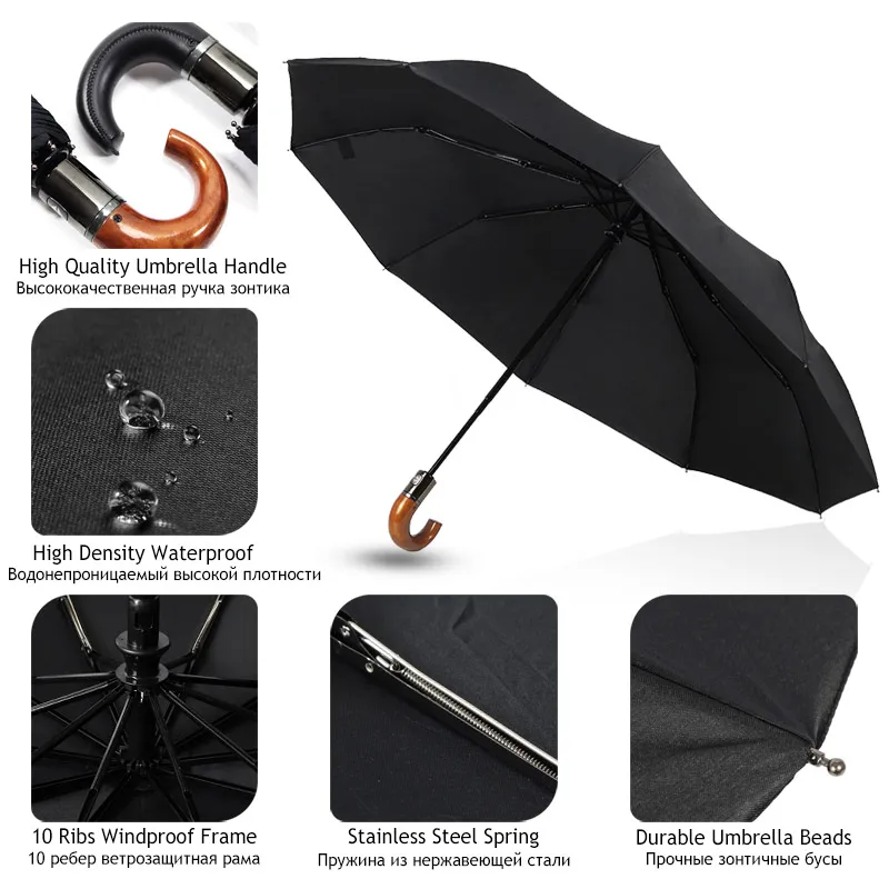 Wind Resistant Large Automatic Umbrella Rain Women Leather Wood Handle Business British Style Umbrella Men's Gift 3Fold