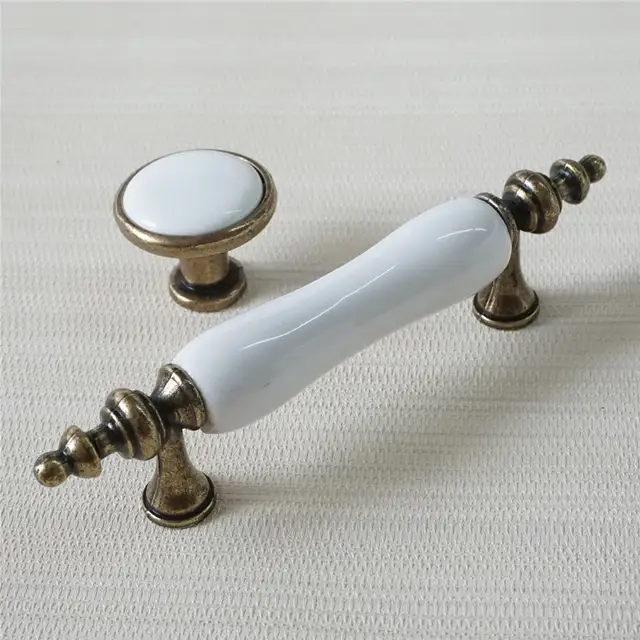 3 Vintage Dresser Handles Pulls Knob Antique Bronze White Ceramic