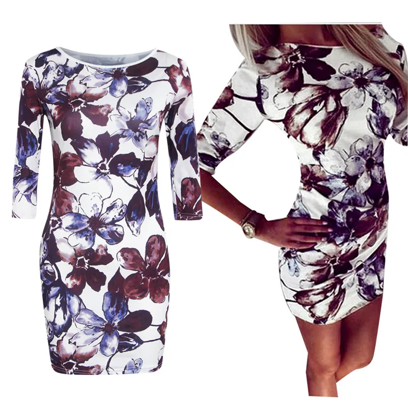 

Three Quarter Sleeve Floral Print Boycon Sexy Dress 2019 Summer New Women Casual O-Neck Mini Dresses Ladies Slim Dress Vestidos