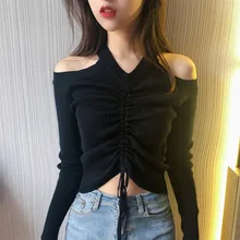 018 New Autumn Women Sweater V-Neck Cropped Sweater Off Shoulder Pullover Sweater Crop Top For Female DX1556 018 New Autumn Women Sweater V-Neck Cropped Sweater Off Shoulder Pullover Sweater Crop Top For Female DX1556