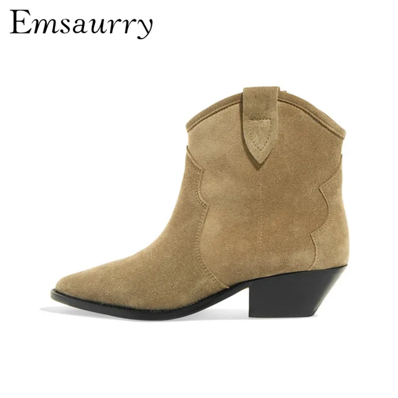 

Quality Suede Ankle Boots Women Square Heel Pointed Toe Genuine Leather Rivet Thick Heel Martin Boots For Women