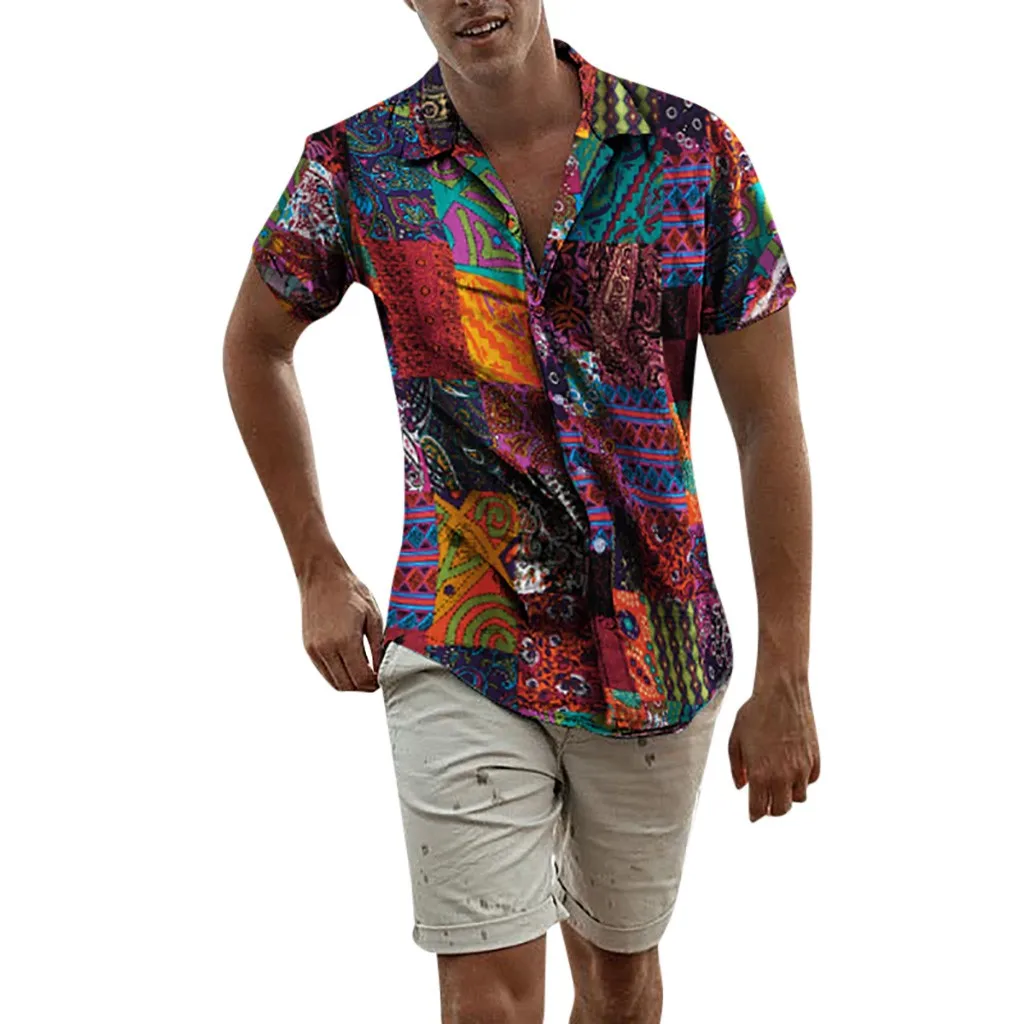 Мужская Этническая гавайская рубашка с коротким рукавом, тропическая летняя хлопковая льняная гавайская рубашка на пуговицах, рубашки размера плюс