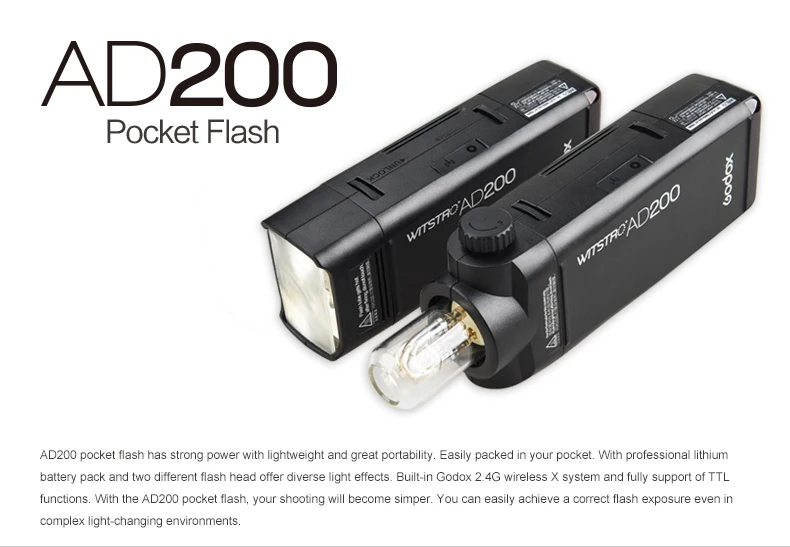 Карманный светильник-вспышка GODOX AD200 ttl 2,4G HSS 1/8000s с двойной головкой 200Ws с литиевой батареей 2900 мач, светильник-вспышка