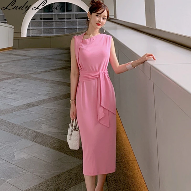 

2019 Summer Solid Color Knitted Bottoming Dress Women Bow Bandage Mid-calf Dresses Casual OL Stretch Vestidos