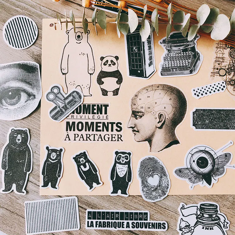 

64Pcs Personality Black White Vintage DIY Decorative Stickers Junk Journaling Project Happy Planner Stickers Scrapbooking Craft