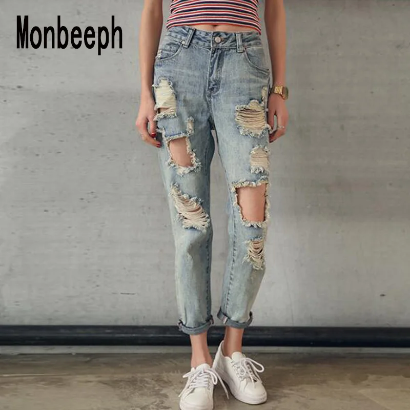 

Monbeeph Ripped Jeans Women high Waist Denim Harem Hole Pants ripped Fashion Jeans Casual Style Summer vintage denim pants
