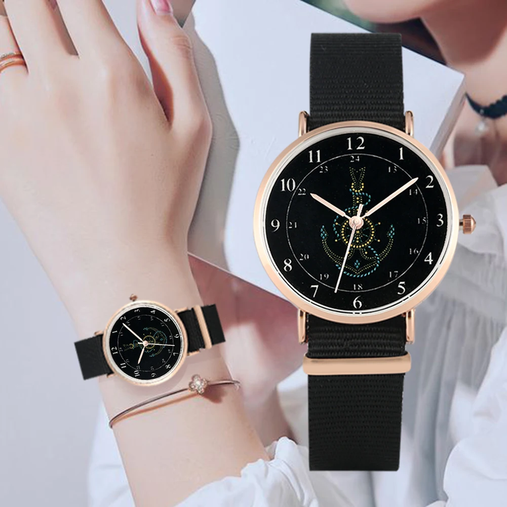 

Women's Watch Anchor Pattern Quartz Watch for Lady Nylon Strap Wristwatch Arabic Digital Dial Watch