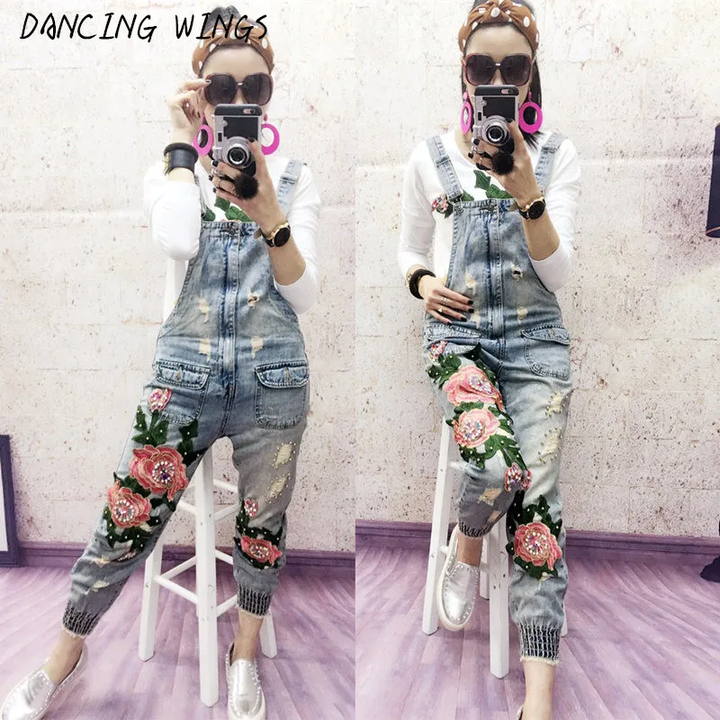 

Spring Autumn Beaded Embroidered Flower Hole Denim Bib Overalls Casual Loose Jean Jumpsuit for Ladies