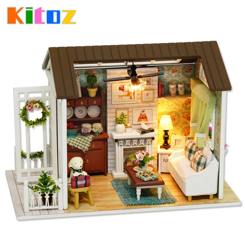 Kitoz DIY кукольный домик, миниатюрный кукольный домик для куклы, мини-дом, деревянная Милая модель гостиной, строительная игрушка для детей