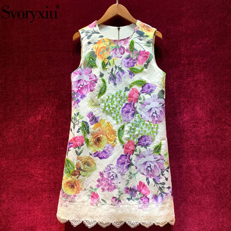 

Svoryxiu Runway Custom Summer Sleeveless Mini Dress Women's Elegant Lace Embroidery Flower Print Party luxury Dress Vestdios