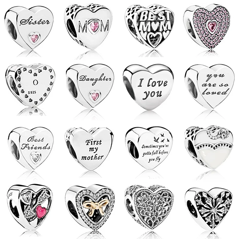 

ROBOL 925 Silver Heart-Shaped Silver Carved Textured Text Embedded Gemstone Pendant Base Bracelet Girlfriend Pendant