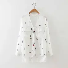 2016 New Fashion Women Irregular Printed White Blouses Double Pockets Side Open Long Sleeve V-Neck Shirt Casual Brand Tops