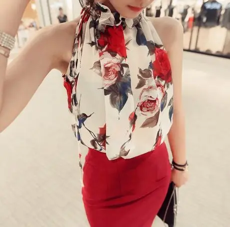 

Real Photos Add 2 Colors Summer Tops Halter Floral Chiffon Blouse Sleeveless Thin Shirt Ruffles Lined Loose Plus Size T5651