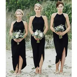 Черные короткие пляжные платья подружки невесты на бретельках спинки Pleat шифоновое облегающее платье Стиль Высокая Низкая Свадебные