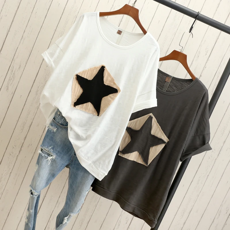 Женская свободная футболка для девочек в стиле Парижа, большие размеры, модные повседневные хлопковые футболки со звездами, белые, черные, серые топы, футболка из хлопка, s