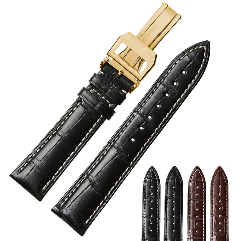 Male watch accessories Genuine leather watchband America Bamboo texture Crocodile skin Brand folding clasp black brown 20 21 22