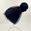 2019 New Faux Fur Pom Pom Hat Mesh Lace Beanies Cap Winter Warm Knitted Hats For Women Fashion Veil  Skullies Caps 1