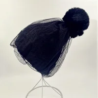 2019 New Faux Fur Pom Pom Hat Mesh Lace Beanies Cap Winter Warm Knitted Hats For Women Fashion Veil  Skullies Caps 1