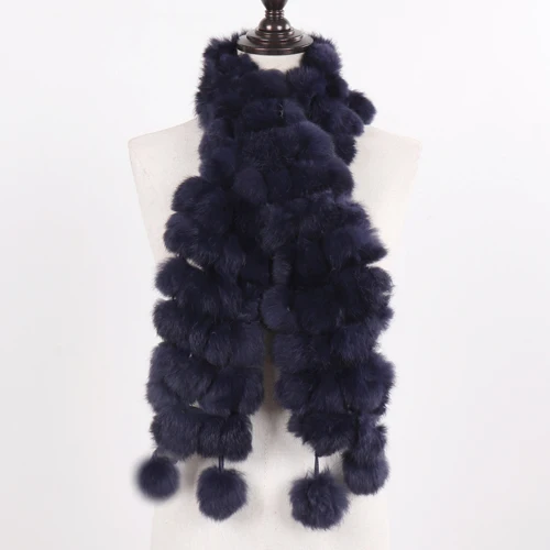 New Winter Women Real Rabbit Fur Scarf Natural Warm Rabbit Fur Muffler Girl Fashion Knitted Genuine Rabbit Fur Scarves - Color: dark blue