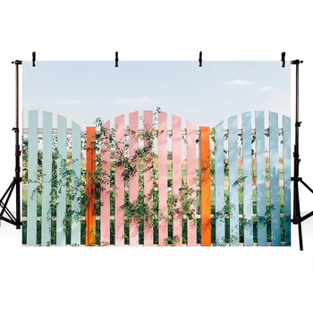 

Vinyl Photography Background Spring Wildflower Green Plant Light Blue Pink Fence Sunlight Floral Children Backdrop Photo Studio