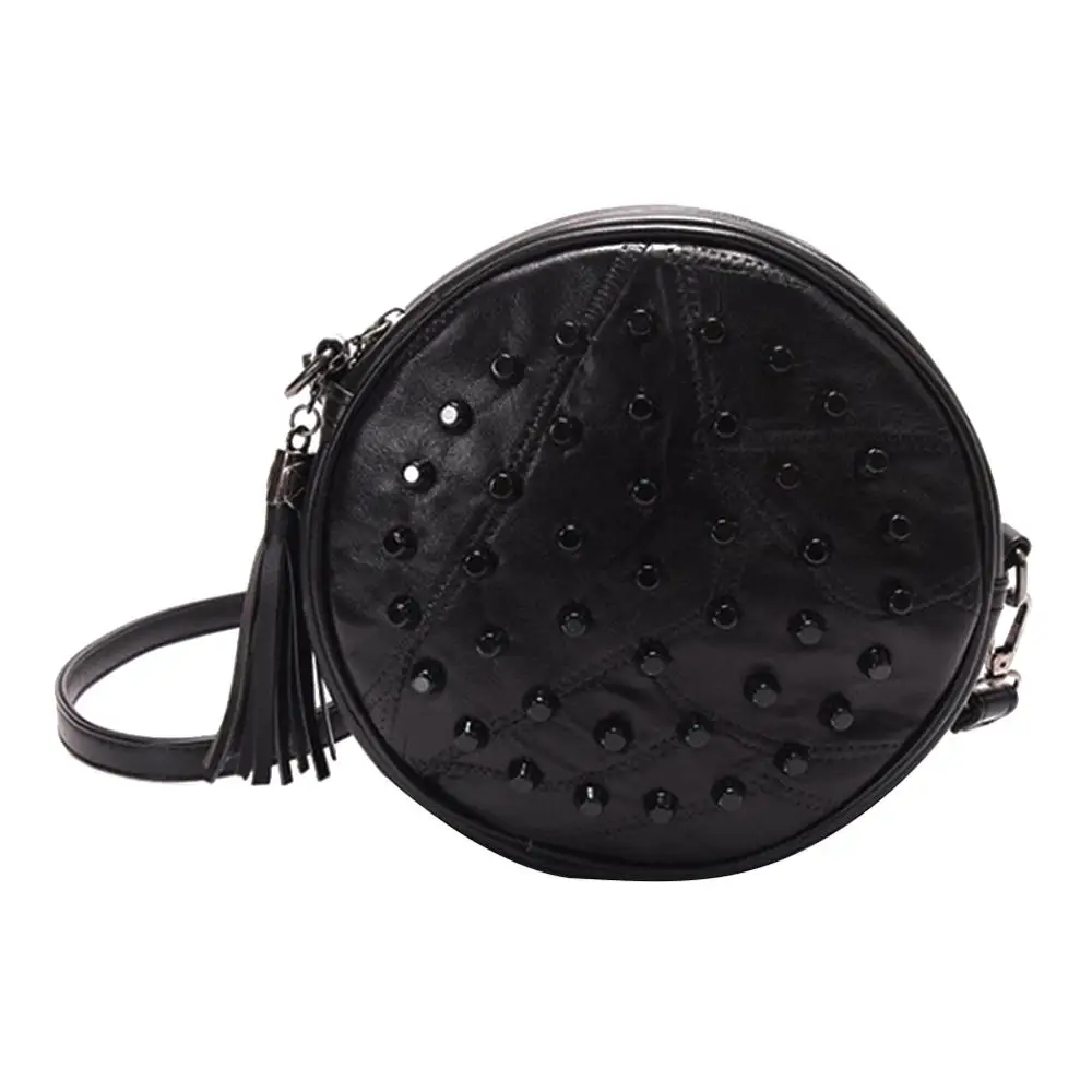 

2017 Women Sheepskin Rivet Handbag Female Cute Round Mini Shoulder Crossbody Bag Ladies Black Shopping Travel Tote Bag