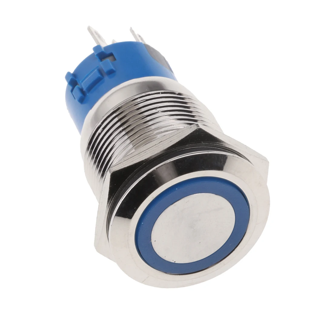19MM Blue LED Light Metal Button Switch Momentary Push Button Auto Reset Waterproof Illuminated Switch Latching IP67
