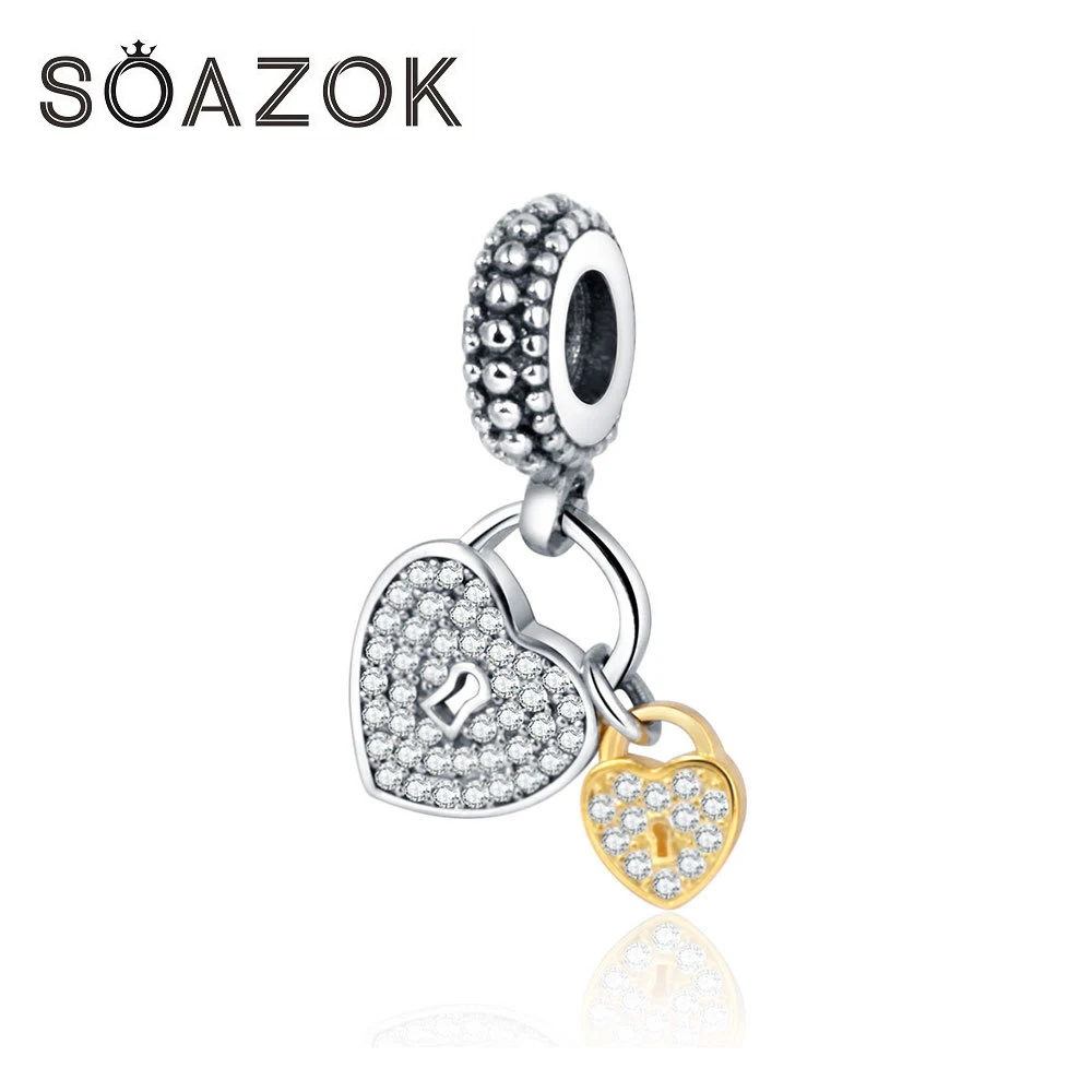 Soazok 100% S925 стерлингового серебра бисера Fit Pandora браслет Шарм Сердце замок кулон