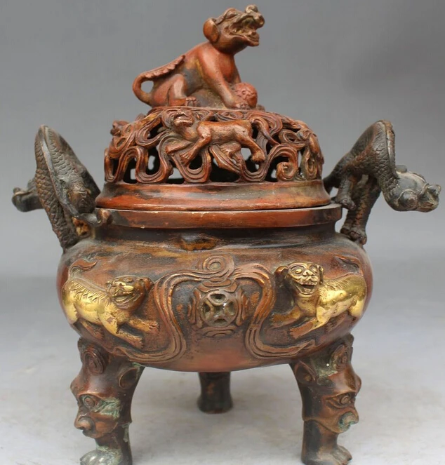 

9" Folk Chinese Bronze Gilt Dragon Foo Fu Dog Lion Statue incense burner Censer R0709