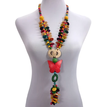 

BeUrSelf Bohemian Necklace Ethnic Coconut Shell Butterfly Pendant Handmade Long Multi Color Wooden Beaded Necklace Drop Shipping
