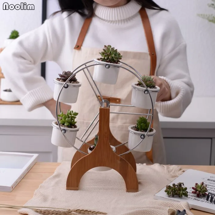 

NOOLIM Decorative Ceramic Flowerpot Succulent Plant Pot 6 Flower Planter with 1 Bamboo Ferris Wheel Stand Flower Pot