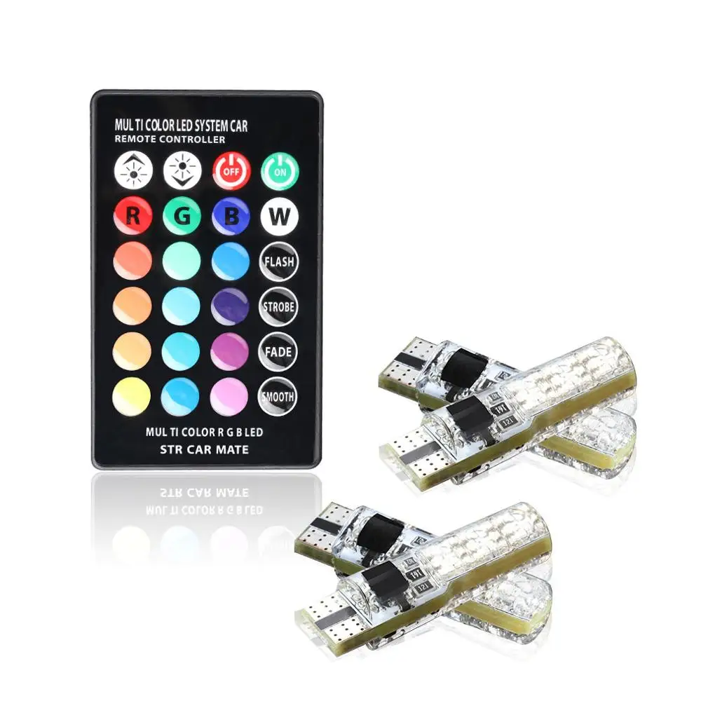T10 W5W светодиодный лампы RGB с удаленным Управление 194 168 501 огни автомобиля многоцветный номерные знаки для автомобиля стробоскоп лампы для чтения Авто 12 V - Испускаемый цвет: 4 Bulbs with 1Remote