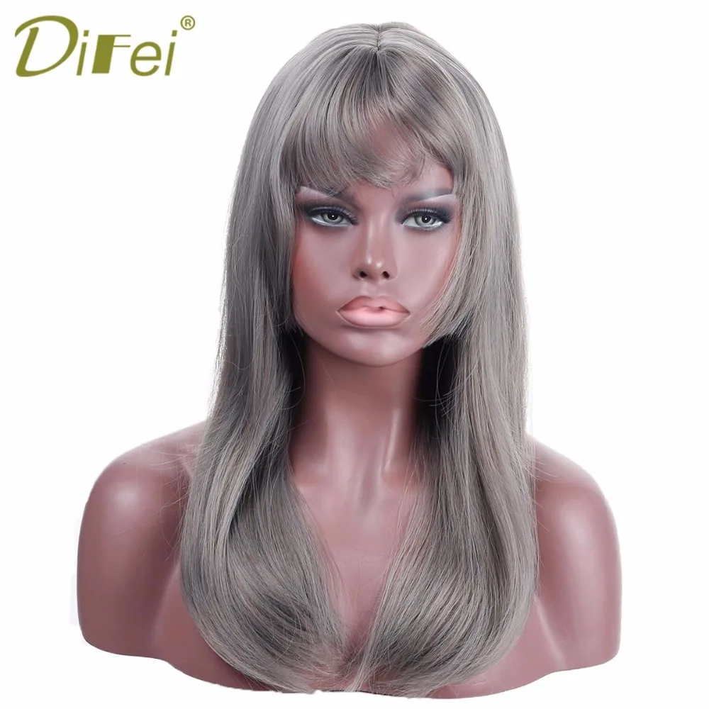 DIFEI Long Straight Hair Wig Grey Wig Female Synthetic Heat Gray Gray