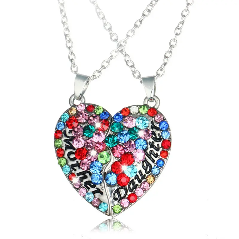 Multicolor Crystal Mother Daughter Heart Pendant Necklace Rhinestone