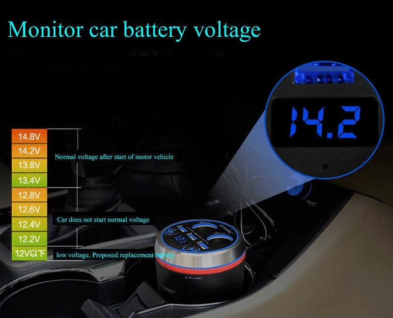 12-24 в автомобильный Bluetooth fm-передатчик 3 USB Автомобильное зарядное устройство адаптер с дисплеем напряжения тока автомобильный держатель для чашки 2 прикуривателя