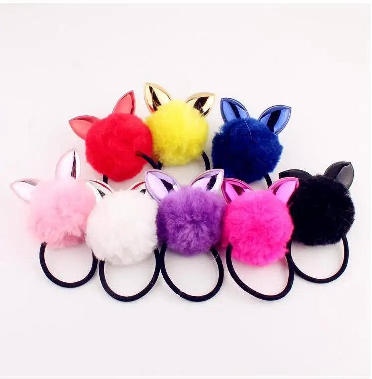 

New Cute Hot Sale Girl Hair Accessories PU Rabbit Ear Ball Hair Band Of Fur Hair Rope Gum Big Girl Rubber Bands For Women