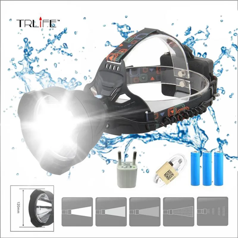

8000Lus Waterproof Outdoor Lighting Headlight USB Rechargeable LED HeadlampWide-angle Head Light Flashlight By 3*18650 Battery