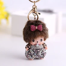 Creative kawaii rhinestone monchichi keychain doll pendant car key ring women handbag bag charm key chains holder Jewelry gift