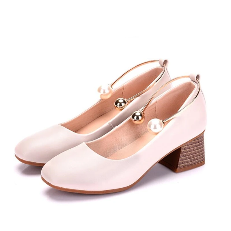 

Large Size Square Toe Black Split Leather Shoes Block Heels Pearl Women's Pumps With Medium Heels For Ladies Wedding Shoes Bride