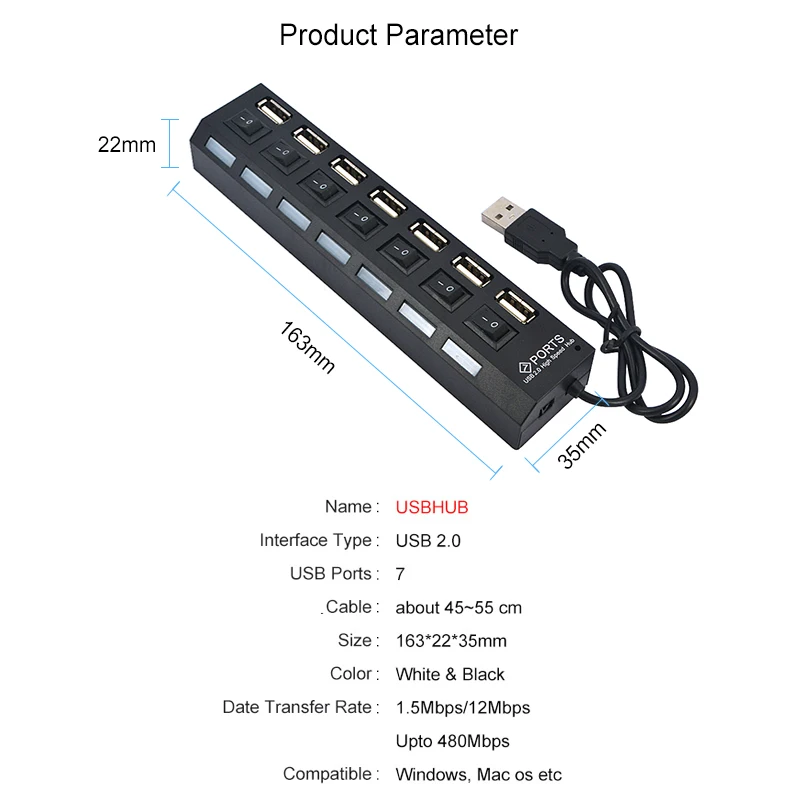 Kebidumei 4/7 портов usb-хаб светодиодный USB Высокоскоростной адаптер 480 Мбит/с usb-хаб разветвитель с выключателем питания для ПК ноутбука