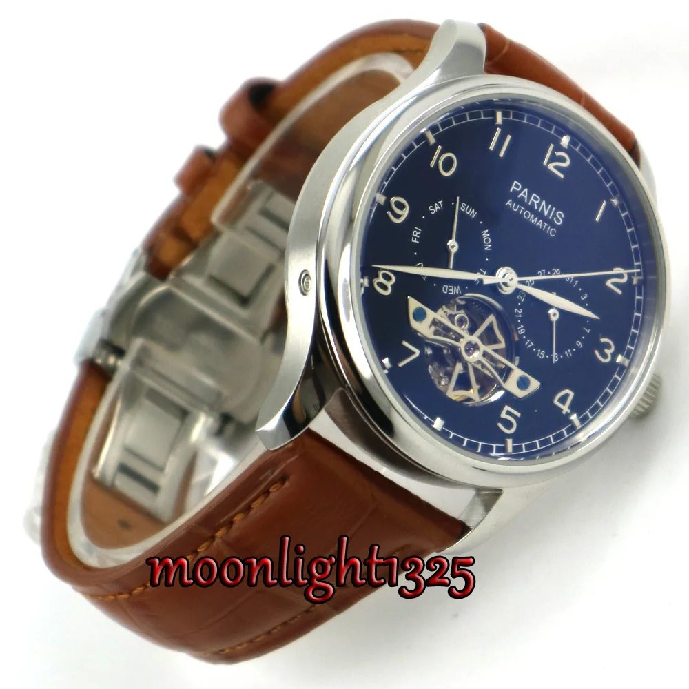 

43mm Parnis Black Dial Date deployant clasp ST 2552 Automatic Movement Mens Watch