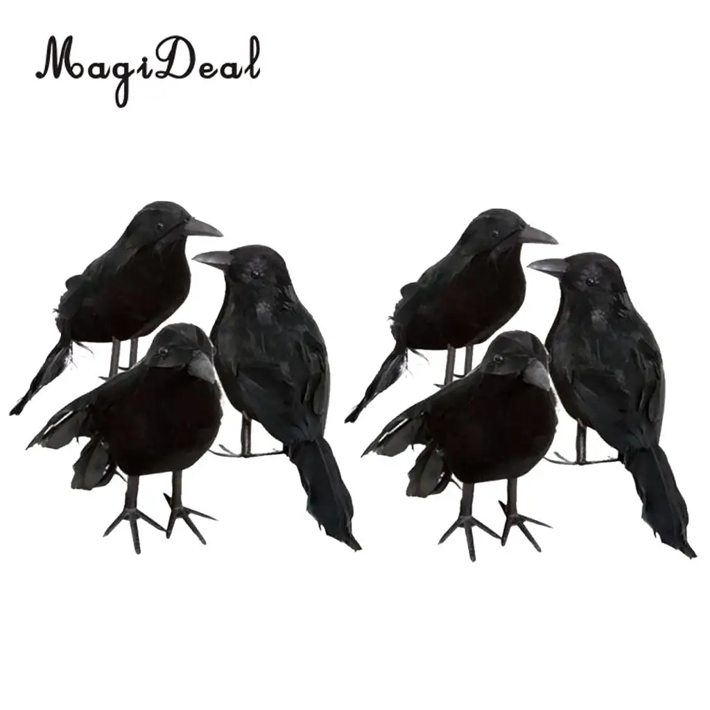 MagiDeal 6pcs Halloween Stuffed Feather Crow Bird Black Ravens Fancy Dress Prop Decor Home Decorations Ornament Figurines