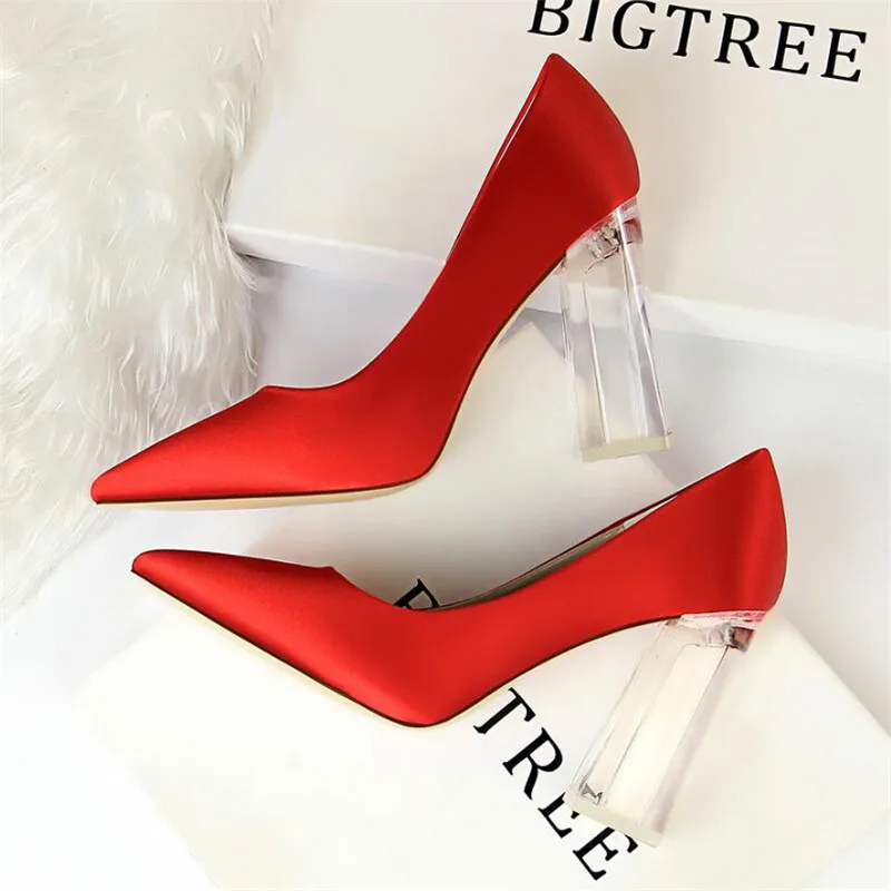 

New fashion transparent crystal with high-heeled satin shallow mouth pointed sexy high heel wedding shoes women's shoes 34--42