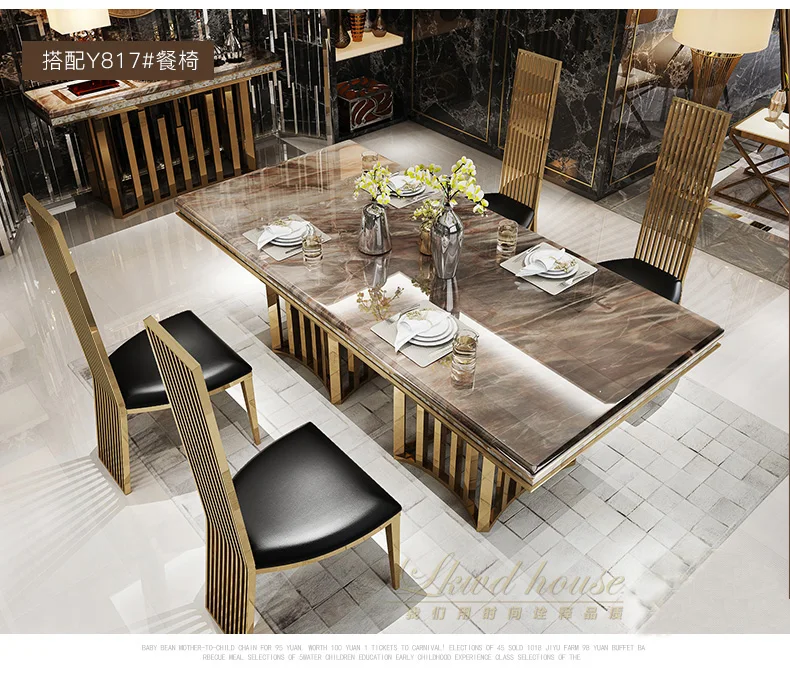 minimalist modern designer unique new stainless steel golden dining room set with marble table and leather chairs(1+4 chairs)