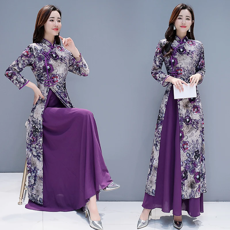 Традиционное вьетнамское аодай китайское платье Ципао для женщин цветочный принт cheongsam этнический стиль костюм Цветочный aodai - Цвет: color1