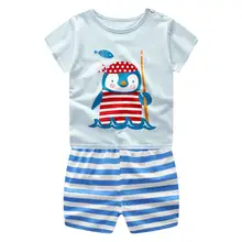 Новые летние для маленьких девочек детский с коротким рукавом мультфильм Пингвин топ+ шорты комплект из двух предметов повседневное модная Милая одежда