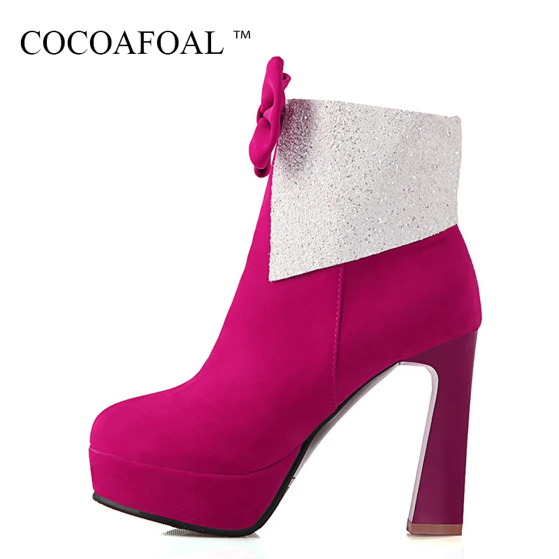 

COCOAFOAL Woman Butterfly Knot Ankle Boots Black Autumn Winter Chelsea High Heels Boots Plus Size 33 43 Martin Ankle Boots 2018