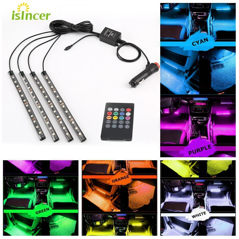 

4pcs 12LED Car RGB LED Strip Light 48LED Decorative Atmosphere Lamps 8 Colors Car Interior Light With Remote Control Car Styling
