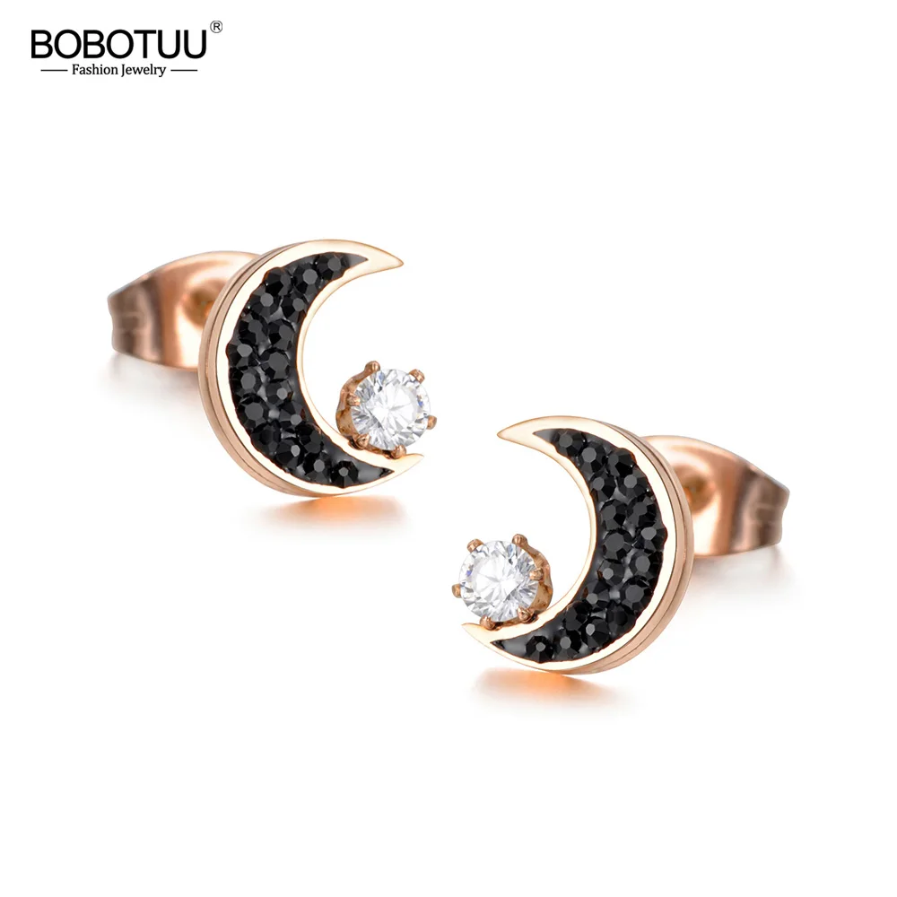 

BOBOTUU Classic Titanium Steel Rhinestone Moon Earrings Jewelry Rose Gold Color Cubic Zirconia Stud Earring For Women BE18011