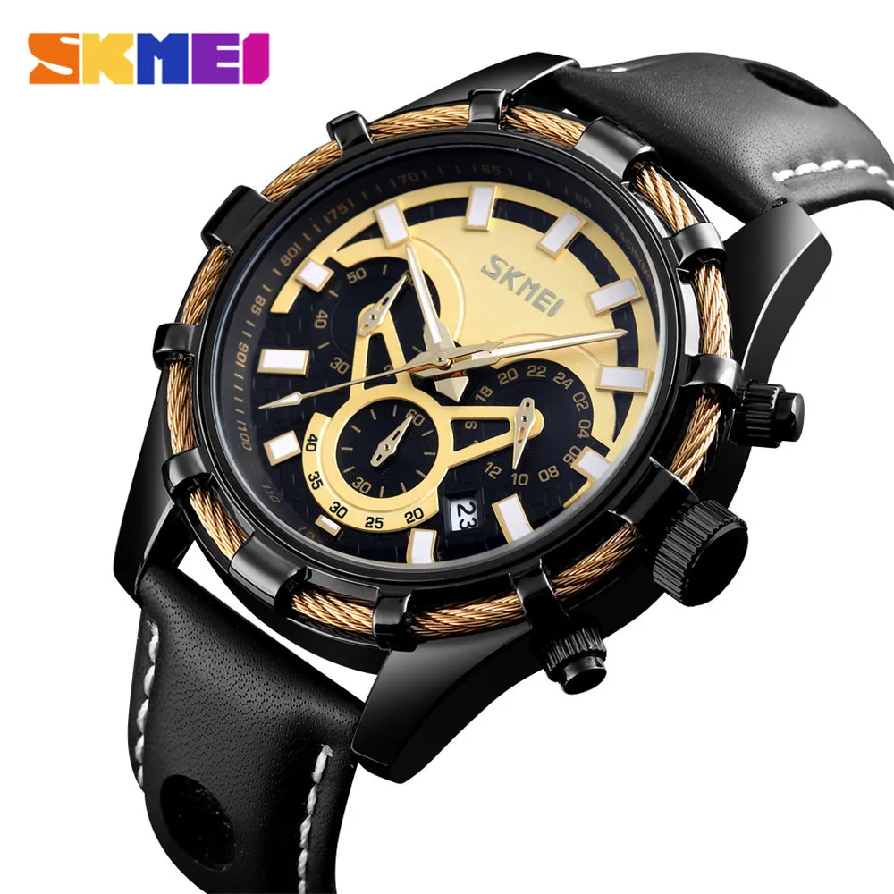 SKMEI мужские часы Топ Бренд роскошные кожаные спортивные часы модные кварцевые часы мужские водонепроницаемые часы Relogio Masculino - Цвет: Black