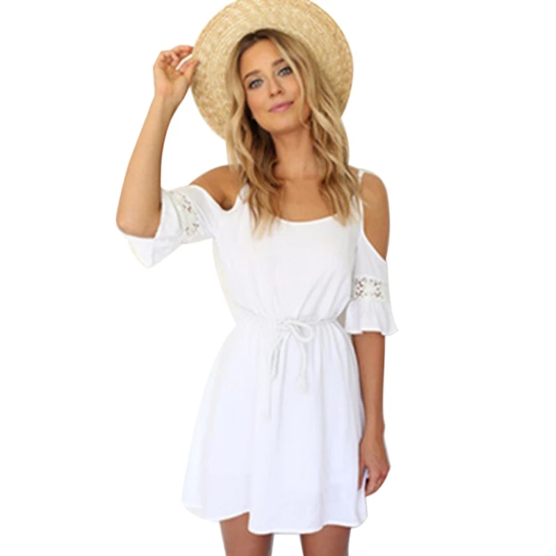 

Women Elegant Vintage Sweet Lace White Dress Stylish Sexy O Neck Casual Slim Beach Summer Sundress Vestidos